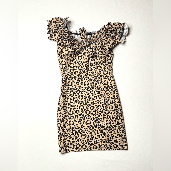 Missguided + Dresses & Skirts - Missguided Bardot Leopard Print Ruffle Tie Front Mini Dress Size Small